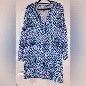 Lilly Pulitzer Toe In Blue White Pineapples Joy Long Sleeve Tunic Dress size XL